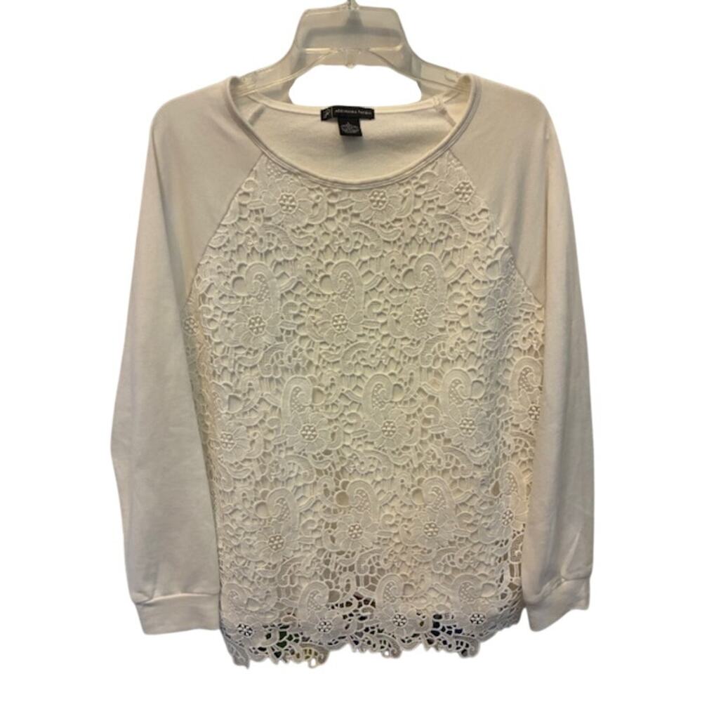 Adrianna Papell White Lace Sweatshirt‎ Women L Boho Romantic Cottagecore Chic